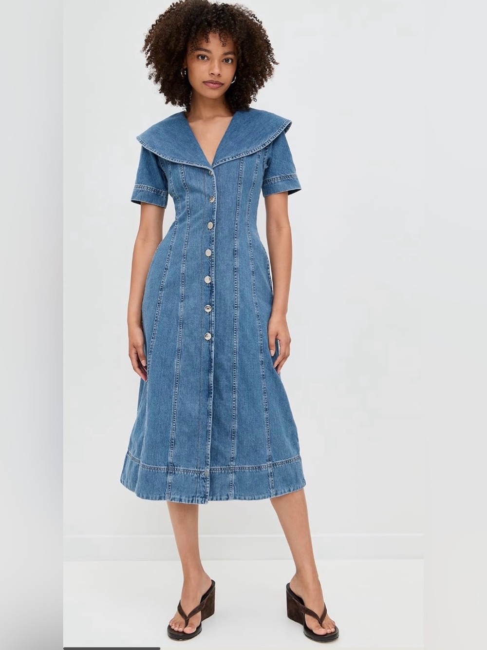 Sailor-Collar Denim Button-Front Midi Dress – Blue